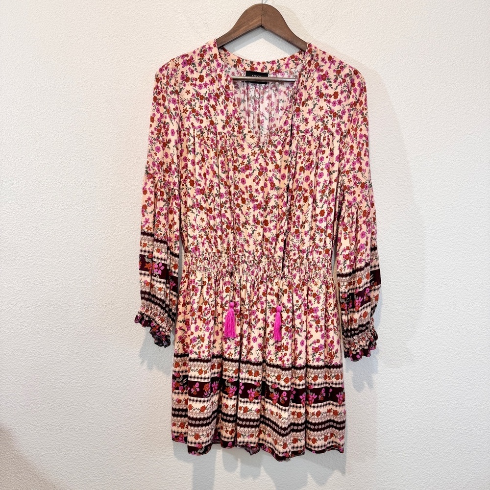 VICI Boho Floral Mini Dress Cottagecore Peasant Rayon Long Sleeve L